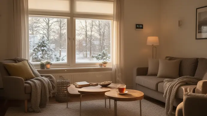 Warme woonkamer in de winter met bank, fauteuil en sneeuw buiten het raam
